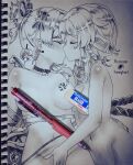  2girls absurdres art_tool_censor art_tools_in_frame blush breasts breasts_apart censored closed_eyes collar completely_nude eraser fingering genshin_impact graphite_(medium) greyscale hair_ornament harri.hari highres kiss lumine_(genshin_impact) mechanical_pencil medium_breasts monochrome multiple_girls navel nude patreon_username pencil photo_(medium) short_hair short_hair_with_long_locks stomach traditional_media upper_body yoimiya_(genshin_impact) yuri 