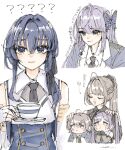  5girls :< ? ?? ahoge amahara_nue anger_vein arm_at_side artist_name assault_lily behind_another black_bow black_bowtie black_gloves black_necktie black_ribbon black_scrunchie black_shirt blue_cloak blue_eyes blue_hair blue_jacket blue_shirt blush bow bowtie braid brown_eyes brown_hair butterfly_hair_ornament cloak closed_mouth collared_shirt commentary_request cropped_torso crying crying_with_eyes_open cup deformed detached_sleeves elbow_gloves epaulettes fingerless_gloves funada_kiito gloves green_eyes hair_between_eyes hair_ornament hair_ribbon hair_scrunchie half_up_braid hand_on_another's_head hands_on_own_chin hands_up hayami_katsura high_ponytail highres hishida_haru holding holding_cup jacket kawamura_yuzuriha long_hair looking_ahead multiple_girls necktie odaiba_girls_high_school_uniform open_mouth polka_dot polka_dot_bow polka_dot_bowtie ponytail purple_hair ribbon saucer school_uniform scrunchie shirt short_hair side_braid side_ponytail single_braid smile teacup tears translation_request twintails two-tone_shirt upper_body v-shaped_eyebrows white_background white_gloves white_shirt yokoyama_azusa 