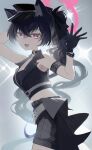  1girl absurdres animal_ear_fluff animal_ears bare_shoulders bikini black_bikini black_gloves black_hair black_hat black_shorts black_vest blue_archive bow breasts cat_ears cat_girl cleavage commentary cowboy_shot cropped_vest gloves hair_between_eyes hair_bow halo hat highres idol looking_at_viewer midriff official_alternate_costume official_alternate_hairstyle peaked_cap pink_eyes pink_halo rokun serika_(blue_archive) serika_(idol)_(blue_archive) short_shorts shorts solo swimsuit twintails vest waving 