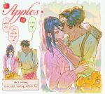  1boy 1girl apple artist_name basket biting biting_cheek black_hair breasts brown_hair cardigan collared_shirt couple english_commentary eren_yeager food fruit fruit_stand grey_shirt hair_between_eyes hand_on_another's_chin hetero holding holding_food holding_fruit lacampanule long_hair medium_breasts mikasa_ackerman parted_bangs persimmon pink_cardigan scar scar_on_cheek scar_on_face shingeki_no_kyojin shirt short_hair undercut white_shirt 