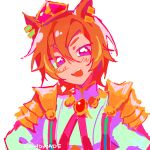  1girl :d animal_ear_piercing animal_ears armor artist_name colorful commentary crown dot_nose gem gold_trim hair_between_eyes high_collar highres horse_ears horse_girl long_sleeves open_mouth orange_hair pauldrons purple_eyes red_gem saturated shirt short_hair shoulder_armor simple_background smile solo t.m._opera_o_(o_sole_suo!)_(umamusume) t.m._opera_o_(umamusume) teeth tongue umamusume upper_body upper_teeth_only v-shaped_eyebrows white_background white_shirt yoinade 