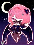  1girl black_bow black_dress black_shrug black_thighhighs black_wings bow breasts chibi cleavage commentary_request dress full_body hair_bow hair_intakes hair_ornament highres large_breasts looking_at_viewer medium_hair moon morokosi2 night official_alternate_costume one_eye_closed outdoors pink_hair purple_eyes remielle_dan remielle_dan_(moonlight_whispers) shrug_(clothing) signature sky solo star_(sky) starry_sky thighhighs wings zenless_zone_zero 