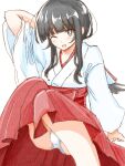  1girl amuamu0626 arm_behind_head black_eyes black_hair blush bright_pupils commentary_request crotch_seam fallen_down hakama hakama_skirt highres japanese_clothes kimono knees_up long_hair long_sleeves looking_at_viewer miko open_mouth original panties pantyshot red_skirt simple_background sitting sketch skirt small_sweatdrop smile solo straight_hair underwear white_background white_kimono white_panties white_pupils wide_sleeves 