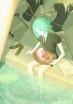  1boy 3others absurdres androgynous aqua_eyes aqua_hair basket black_necktie black_shorts black_suit brown_shoes clipboard collared_shirt commentary_request crack cracked_wall crystal_hair gem_uniform_(houseki_no_kuni) grass highres holding holding_basket houseki_no_kuni multiple_others necktie other_focus paper parted_lips partially_submerged phosphophyllite puffy_short_sleeves puffy_sleeves running sea_slug shirt shoes short_shorts short_sleeves shorts smile sparkling_hair suit twitter_username unworn_shoes ventricosus water white_shirt yellow_diamond_(houseki_no_kuni) zttmaigo 