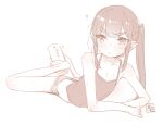  1girl akari_(raigou) barefoot black_hair dolphin_shorts elf flat_chest long_hair monochrome original pointy_ears ponytail raigou seal_impression sepia sexually_suggestive shorts sidelocks simple_background simulated_footjob solo thick_eyebrows white_background 