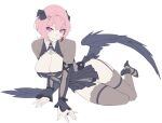  1girl black_bow black_dress black_garter_straps black_shrug black_thighhighs black_wings bow breasts chest_belt cleavage dress garter_straps hair_bow kurokoi_art large_breasts looking_at_viewer lying medium_hair multiple_hair_bows on_side pink_hair purple_eyes remielle_dan remielle_dan_(moonlight_whispers) shrug_(clothing) simple_background smile solo thighhighs white_background wings zenless_zone_zero 