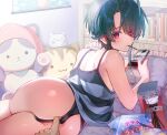  1boy 1other ambiguous_gender ass ass_focus bare_shoulders blush cellphone commentary_request don9ri food food_in_mouth green_hair hair_over_one_eye highres holding holding_phone indoors looking_at_viewer lying male_focus mole mole_on_ass mole_under_mouth on_bed on_stomach original other_with_male panties panty_pull phone pocky pocky_in_mouth pulling_another's_clothes red_eyes shirt smartphone solo_focus striped_clothes striped_shirt stuffed_animal stuffed_cat stuffed_toy trap underwear 