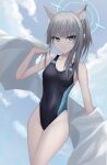  1girl animal_ear_fluff animal_ears aqua_eyes bare_arms bare_legs black_one-piece_swimsuit blue_archive blue_halo blue_one-piece_swimsuit breasts breasts_apart cat_ears cat_girl cloud cloudy_sky collarbone commentary competition_swimsuit cowboy_shot cross_hair_ornament day dutch_angle expressionless grey_hair grey_sky groin hair_ornament hairclip halo highleg highleg_one-piece_swimsuit highres holding holding_towel medium_breasts official_alternate_costume one-piece_swimsuit one_side_up outdoors shiroko_(blue_archive) shiroko_(swimsuit)_(blue_archive) sky solo swimsuit towel wrightia 