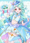  1girl :d absurdres aqua_hair aqua_shoes blue_bow blue_bowtie blue_capelet blue_hat blue_nails blue_ribbon blue_skirt blue_thighhighs blue_tube_top boater_hat bow bow_earrings bowtie bridal_gauntlets brooch butterfly_hat_ornament capelet commentary_request cure_eclair earrings emyuu_(5renjar) flat_chest frilled_tube_top frills hat hat_ornament hat_ribbon heart heart_brooch heart_in_eye highres howa_kurea jewelry long_hair looking_at_viewer magical_girl meitantei_precure! midriff nail_polish navel open_mouth precure purple_bridal_gauntlets red_eyes ribbon shoes shushu-tan single_thighhigh skirt smile split_ponytail strapless symbol_in_eye thighhighs tilted_headwear tube_top v v_over_eye very_long_hair 