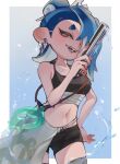  1girl ass_visible_through_thighs black_shorts black_sports_bra blue_background blue_hair border breasts cephalopod_eyes chanryi collarbone colored_fingertips commentary_request earrings fangs fish_hook_earrings folding_fan gradient_background grey_sarong hair_ornament hair_over_one_eye hair_stick hand_fan hand_on_own_hip highres holding holding_fan jewelry linea_alba looking_at_viewer medium_breasts navel octoling open_mouth red_eyes sarashi sarong shiver_(splatoon) shiver_(splatoon_raiders) short_eyebrows short_shorts shorts single_earring smile solo splatoon_(series) splatoon_raiders sports_bra stomach suction_cups teeth tentacle_hair thick_eyebrows thighs tsurime water white_background white_border 