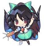  1girl arm_cannon bird_wings black_wings bow brown_hair cape chest_eye chibi chibi_only chinese_commentary closed_mouth collared_shirt commentary_request control_rod_(touhou) feathered_wings frilled_shirt_collar frilled_skirt frills green_bow green_skirt hair_bow highres long_hair pointing pointing_up print_cape puffy_short_sleeves puffy_sleeves red_eyes reiuji_utsuho shirt short_sleeves simple_background skirt smile solo starry_sky_print third_eye touhou two-sided_cape two-sided_fabric weapon white_background white_cape white_shirt wings zhenda10169 