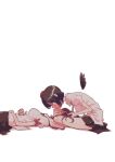  2girls absurdres backlighting bad_id bad_pixiv_id bird_wings black_ribbon black_skirt black_wings brown_hair closed_eyes commentary_request couple detached_wings feathered_wings from_side hand_on_another's_head hat highres himekaidou_hatate holding kiss lap_pillow leaning_forward lying mini_wings miniskirt multiple_girls neck_ribbon negative_space non_(z-art) on_back pleated_skirt profile puffy_short_sleeves puffy_sleeves ribbon shameimaru_aya shirt short_hair short_sleeves simple_background sitting skirt sleeve_bow tokin_hat touhou u_u white_background white_shirt wings yuri 