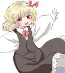  1girl ascot black_skirt black_vest blonde_hair collared_shirt commentary frilled_skirt frills hair_ribbon long_sleeves looking_at_viewer open_mouth outstretched_arms red_ascot red_eyes red_ribbon ribbon rumia s-a-murai shirt simple_background skirt skirt_set smile solo spread_arms touhou vest white_background white_shirt 