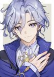  1boy ahoge ascot blue_hair border closed_mouth collared_jacket collared_shirt commentary_request gem genshin_impact grey_background hair_between_eyes hand_on_own_chest hand_up high_collar highres jacket jewelry long_sleeves looking_at_viewer male_focus mitya_(genshin_impact) nekokoko open_clothes open_jacket outside_border pendant purple_eyes purple_jacket shirt short_hair simple_background smile solo upper_body wavy_hair white_ascot white_border white_shirt wide_sleeves yellow_gem 