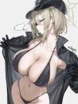  ... 1girl absurdres armpits bikini black_bikini black_coat black_gloves blonde_hair blue_archive blush breasts cleavage closed_mouth coat collarbone commentary flashing freng gloves green_eyes grey_background halo halterneck hat highleg highleg_bikini highres huge_breasts long_sleeves looking_at_viewer navel open_clothes open_coat peaked_cap police_hat revision signature simple_background skindentation solo spoken_ellipsis stomach string_bikini suou_(blue_archive) swimsuit trench_coat white_background 