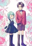  1boy 1girl absurdres ace_attorney aged_down black_bow black_bowtie black_dress black_gloves black_socks blue_hair bow bowtie brown_hair brown_shorts closed_eyes commentary_request dress floral_background franziska_von_karma gloves highres holding_hands jacket juliet_sleeves kneehighs loafers long_sleeves looking_at_another mary_janes miles_edgeworth oshaberi_usagi puffy_sleeves red_jacket shirt shoes short_hair shorts socks white_bow white_bowtie white_shirt 