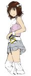  0104mq 1girl absurdres amami_haruka belt bow brown_hair cropped_legs from_side grey_skirt grin hair_bow highres idolmaster idolmaster_(classic) idolmaster_2 looking_at_viewer looking_to_the_side luxury_(idolmaster) miniskirt official_alternate_costume pink_diamond_765_(idolmaster) pink_vest short_hair simple_background skirt smile solo standing vest white_background white_belt white_bow white_wrist_cuffs wrist_cuffs 