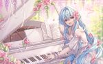  1girl blue_hair breasts cleavage dress flower highres instrument long_hair open_mouth original piano sallyria smile solo tagme very_long_hair 