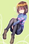  1girl ankle_boots artist_name between_legs black_pantyhose blue_shorts blue_sweater bob_cut boots breasts brown_boots brown_hair closed_eyes colored_inner_hair commentary english_commentary facing_viewer frisk_(undertale) full_body genderswap genderswap_(otf) green_background grey_hair hair_between_eyes hand_between_own_legs hand_on_own_knee knees_together_feet_apart knees_up multicolored_hair notice_lines outline pantyhose pantyhose_under_shorts parted_lips pink_sweater sasucchi95 short_hair shorts simple_background small_breasts solo striped_clothes striped_sweater sweater turtleneck turtleneck_sweater two-tone_hair two-tone_sweater u_u undertale utdr_(toby_fox) white_outline 