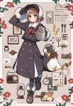 1girl adjusting_clothes adjusting_headwear arisa_(aren) artist_name bird blue_eyes boots bread brown_boots brown_hair brown_shoes camera charcuterie_board cheese chinese_text coat coat_dress coffee_beans commentary_request compass cup dress earmuffs english_text envelope flower food fork full_body fur-trimmed_boots fur-trimmed_coat fur_trim hand_up hat heel_up highres holding holding_cup holding_kettle ink ink_stamp inkwell kettle lamp light_blush looking_at_viewer magnifying_glass napkin notebook original penguin picture_frame postage_stamp radio radio_antenna red_ribbon ribbon scissors shoes short_hair signature sitting solo spoon standing straight-on straight_hair twitter_username watermark wheat 