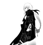 1girl absurdres assault_rifle braid braided_ponytail coat commentary english_commentary expressionless eyepatch from_side girls'_frontline greyscale gun highres holding holding_gun holding_weapon long_hair looking_ahead m16 m16a1 m16a1_(girls'_frontline) monochrome multicolored_hair neel_silverius rifle simple_background single_braid solo standing streaked_hair very_long_hair weapon 