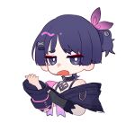  1boy alternate_hairstyle black_choker black_eyes black_gloves black_hair black_sleeves blunt_ends bow bright_pupils choker choppy_bangs commentary_request cosplay cropped_torso crossdressing crossdressing_(mtf) detached_sleeves eyeliner fingerless_gloves genshin_impact gloves hair_bow half-closed_eyes hand_on_own_arm hand_up highres looking_at_viewer makeup male_focus multicolored_hair new_(new_gnsn) one_side_up open_hand open_mouth pink_bow pink_hair portrait prune_(genshin_impact) prune_(genshin_impact)_(cosplay) red_eyeliner scaramouche_(genshin_impact) single_detached_sleeve solo spaghetti_strap streaked_hair white_background white_pupils 