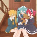  3girls ahoge akita_neru antenna_hair aqua_bow aqua_eyes aqua_hair aqua_ribbon bare_legs black_dress blonde_hair bow closed_mouth clothing_request collar door dot_nose dress drill_hair feet_out_of_frame frilled_dress frilled_sleeves frills hair_between_eyes hatsune_miku highres holding holding_stuffed_toy indoors kasane_teto komori_kamome light_blush long_hair maid maid_headdress multiple_girls necktie red_eyes red_hair red_ribbon ribbon side_ponytail sidelocks sitting sitting_on_stairs stairs stuffed_animal stuffed_toy sweatdrop teddy_bear tie_clip triple_baka_(group) twin_drills twintails utau very_long_hair vocaloid white_collar wide_sleeves yellow_eyes yellow_necktie yellow_trim 