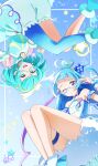  2girls absurdres aokaze_nana aqua_eyes aqua_hair asymmetrical_legwear bare_shoulders bespectacled blue_hair blue_pantyhose blue_theme blush bracelet breasts closed_mouth collarbone commentary_request cure_milky cure_wink detached_collar dress earrings europa_715 feet_out_of_frame glasses hagoromo_lala hair_ornament hairband hand_up headphones highres idol idol_clothes idol_heart_brooch_(precure) idol_heart_incom jewelry kimi_to_idol_precure long_hair looking_at_viewer magical_girl medium_hair mismatched_legwear multicolored_hair multiple_girls one_eye_closed open_mouth pantyhose plaid_clothes plaid_ribbon plaid_sleeves precure purple_eyes purple_hair ribbon see-through_clothes short_sleeves sidelocks small_breasts smile solo star_(symbol) star_earrings star_hair_ornament star_twinkle_precure strapless strapless_dress very_long_hair 