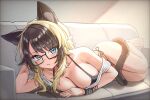  1girl absurdres animal_ear_fluff animal_ears armpit_crease bare_shoulders barefoot black-framed_eyewear black_bra black_hair black_panties black_tail blonde_hair bra breasts cat_ears cat_girl cat_tail cleavage closed_mouth collarbone commentary couch dot_nose english_commentary full_body glasses hand_on_own_head highres indie_virtual_youtuber indoors large_breasts long_sidelocks looking_at_viewer lying multicolored_hair off_shoulder on_side panties rectangular_eyewear riuart second-party_source semi-rimless_eyewear short_sleeves side-tie_panties sidelocks solo tail tuppy_(vtuber) two-tone_hair under-rim_eyewear underwear virtual_youtuber wristband 