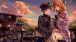  1boy 1girl alternate_costume architecture black_bow black_hair black_hat black_jacket black_sleeves blue_sky blunt_ends blush bow braid braid_over_shoulder brown_hair chair character_request chinese_knot cloud cloudy_sky commentary commission couple dusk east_asian_architecture eyeliner feeding fingernails floral_print_sleeves food food_request frilled_sleeves frills gakuran genshin_impact gloves gold_trim hair_bow hair_ornament hair_over_shoulder hakama hakama_skirt hand_on_another's_shoulder hand_on_another's_thigh haori hat hetero highres holding holding_food jacket japanese_clothes kimono lic_617 long_hair long_skirt long_sleeves looking_at_another low-braided_long_hair low-tied_long_hair makeup meiji_schoolgirl_uniform mountainous_horizon obi oc_x_canon original outdoors peaked_cap pink_haori pink_sleeves purple_bow purple_eyes purple_gloves red_eyeliner sash scaramouche_(genshin_impact) school_uniform sitting sitting_on_lap sitting_on_person skirt sky table tree tsurime watermark white_kimono white_skirt wide_sleeves wooden_chair wooden_table 