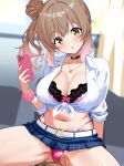  1girl absurdres amesuku_gyaru belt bra breasts cellphone cevio choker classroom commentary_request commission curvy gyaru highres jewelry kogal lace-trimmed_bra lace_trim large_breasts lingerie looking_at_viewer maretto navel necklace panties phone pink_bra pink_panties revealing_clothes satou_sasara school_uniform shirt sitting skeb_commission smartphone solo stomach tied_shirt underwear 