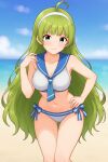  1girl ahoge ass_visible_through_thighs bare_arms beach bikini blue_eyes blue_sailor_collar blunt_bangs blurry blurry_background bow breasts cleavage closed_mouth collarbone commentary_request day feet_out_of_frame green_hair hairband hand_on_own_hip hand_up highres idolmaster idolmaster_million_live! large_breasts leaning_forward light_blush long_hair looking_at_viewer navel outdoors sailor_bikini sailor_collar sailor_swimsuit_(idolmaster) shanty_imas shimabara_elena side-tie_bikini_bottom smile solo striped_bow swimsuit thigh_gap very_long_hair white_bikini white_hairband 