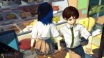  1boy 1girl absurdres bare_legs belt bench blue_hair brown_belt brown_eyes brown_hair brown_pants brown_skirt cafe cake cake_slice commentary_request food green_necktie highres locked_arms looking_at_food make_heroine_ga_oo_sugiru! necktie nukumizu_kazuhiko open_mouth pants plant potted_plant school_uniform shirt sign signature skirt sklt_(swyt8223) smile stool watermark white_shirt yanami_anna 