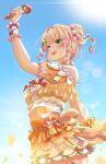  1girl absurdres arm_up asymmetrical_sleeves blonde_hair blue_sky blush bow breasts clover_hair_ornament commentary_request day double_bun fang flower frilled_shirt frilled_wrist_cuffs frills from_side gradient_hair green_eyes hair_bun hair_ornament hair_ribbon highres holding holding_microphone hololive layered layered_skirt lingmu microphone midriff momosuzu_nene momosuzu_nene_(happiness_flower) multicolored_bow multicolored_hair official_alternate_costume official_alternate_hairstyle open_mouth orange_shirt orange_skirt outdoors pink_hair pink_ribbon pink_wrist_cuffs ribbon shirt skirt sky smile solo sunlight two_side_up uneven_sleeves virtual_youtuber wrist_cuffs yellow_skirt 