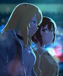  2girls absurdres black_choker blonde_hair blue_jacket blush breasts brown_eyes brown_hair brown_shirt choker closed_mouth commentary dated_commentary earphones green_hair highres jacket kouzuki_mahiru logo long_hair medium_breasts multicolored_hair multiple_girls mutsuki_(mutsuki0110) nail_polish roots_(hair) shared_earphones shirt short_hair upper_body white_shirt yamanouchi_kano yoru_no_kurage_wa_oyogenai 