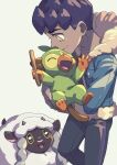  1boy black_pants black_shirt blue_jacket bright_pupils closed_mouth commentary_request dark-skinned_male dark_skin fur-trimmed_jacket fur_trim gen_8_pokemon grookey highres holding holding_pokemon holding_stick hop_(pokemon) jacket komame_(st_beans) male_focus open_clothes open_jacket pants pokemon pokemon_(creature) pokemon_(game) pokemon_swsh purple_hair shirt short_hair sleeves_past_elbows smile stick white_pupils wooloo yellow_eyes 