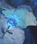  1boy blue_eyes blue_flower closed_mouth cursed_spirit_(jujutsu_kaisen) flower grey_eyes grey_hair heterochromia highres jujutsu_kaisen long_hair mahito_(jujutsu_kaisen) minloafie snow solo stitched_face stitches upper_body 