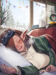  1girl absurdres architecture ataririri blue_eyes blush book breasts brown_hair character_snowman closed_eyes commentary contemporary cup dark-skinned_female dark_skin day ear_blush east_asian_architecture elf elynea_(ataririri) english_commentary facing_viewer food fruit green_jacket highres hood hoodie indoors jacket jewelry kotatsu large_breasts mask mask_on_head mug multicolored_hair nail_polish open_mouth orange_(fruit) original pointy_ears purple_streaks red_nails ring saliva short_hair shouji sleep_mask sleeping sliding_doors smile snowman solo streaked_hair string_of_flags table tree under_kotatsu under_table winter wreath yellow_hoodie 
