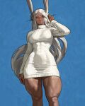  1girl adjusting_hair animal_ears blue_background boku_no_hero_academia breasts closed_mouth covered_abs covered_navel dark-skinned_female dark_skin dress english_commentary hand_up highres large_breasts long_eyelashes long_hair looking_at_viewer mirko parted_bangs rabbit_ears rabbit_girl red_eyes ribbed_sweater simple_background solo sweater sweater_dress the_antin thick_thighs thigh_gap thighs toned toned_female turtleneck turtleneck_sweater very_long_hair white_hair white_sweater 