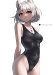  1girl animal_ears black_one-piece_swimsuit bob_cut breasts cat_ears cat_girl chest_jewel competition_swimsuit grey_hair highleg highleg_one-piece_swimsuit highres looking_at_viewer medium_breasts mio_(xenoblade) one-piece_swimsuit riro_(breakthrough_rr) short_hair simple_background solo standing swimsuit twitter_username two-tone_swimsuit white_background xenoblade_chronicles_(series) xenoblade_chronicles_3 yellow_eyes 