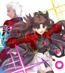  1boy 1girl aqua_eyes archer_(fate) archer_(honkai:_star_rail)_(fate) black_gloves black_hair black_ribbon blue_eyes breasts closed_mouth commentary_request cropped_jacket dark-skinned_male dark_skin fate/stay_night fate_(series) floating_hair gloves grey_eyes hair_ribbon holding holding_weapon honkai:_star_rail honkai_(series) jacket jewelry long_hair long_sleeves looking_at_viewer magic medium_breasts open_mouth parted_bangs pendant profile red_jacket ribbon rin's_pendant_(fate) shoori_(migiha) short_hair smile tohsaka_rin tohsaka_rin_(honkai:_star_rail) two_side_up weapon zelretch_sword 
