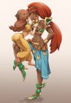  2girls abs absurdres anklet arabian_clothes armor ass bandeau big_hair blue_lips blue_nails blue_sarong blush bracelet brown_hair circlet closed_eyes commission commissioner_upload crop_top crossover dark-skinned_female dark_skin earrings flower_earrings gerudo groin harem_pants height_difference high_heels highres hoop_earrings jewelry kiss lipstick long_hair low-tied_long_hair lucasaobari makeup mario_(series) mario_kart mario_kart_world midriff multiple_girls muscular muscular_female navel official_alternate_costume orange_shoes pants pauldrons pixiv_commission pointy_ears ponytail princess_daisy princess_daisy_(oasis) puffy_short_sleeves puffy_sleeves red_hair ring sarong shoes short_sleeves shoulder_armor standing standing_on_one_leg straddling the_legend_of_zelda the_legend_of_zelda:_breath_of_the_wild thigh_straddling urbosa very_long_hair yellow_bandeau yellow_pants yuri 