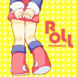  1girl arms_behind_back blue_sleeves boots character_name commentary_request dress from_behind kneepits lower_body mega_man_(classic) mega_man_(series) own_hands_together red_boots red_dress roll_(mega_man) sakurabe_notos short_dress simple_background solo thighs yellow_background 