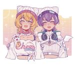  2girls 38raccoons alternate_hair_length_(shorter) beanie blonde_hair border breasts choker cleavage closed_eyes clothing_cutout commentary cropped_jacket cropped_shirt cropped_torso crossed_bangs english_commentary facing_viewer fang frilled_choker frills gradient_background grid_background hat headphones headphones_around_neck hololive horned_hat jacket medium_hair momosuzu_nene momosuzu_nene_(cheerleader) multicolored_hair multiple_girls official_alternate_costume official_alternate_hairstyle open_mouth orange_background outside_border pink_choker pink_hair purple_hair shirt short_hair side-by-side smile streaked_hair teeth tied_shirt tokoyami_towa tokoyami_towa_(cyberpunk) upper_teeth_only virtual_youtuber white_border white_hat white_jacket white_shirt white_streaks 