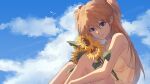  1girl absurdres bare_shoulders bird blue_eyes breasts chinese_commentary choker closed_mouth cloud cloudy_sky commentary dress flower hair_between_eyes highres holding holding_flower interface_headset_(evangelion) knees_up long_hair looking_at_viewer medium_breasts neon_genesis_evangelion orange_hair sky smile solo souryuu_asuka_langley spaghetti_strap sunflower two_side_up white_bird white_choker yellow_dress yishiwu_tiao_qiudaoyu 
