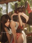  2girls artist_name ass black_hair black_skirt boots commentary crop_top crossover cunnilingus day fatal_fury feet_up final_fantasy final_fantasy_vii final_fantasy_vii_remake highres lifting_person long_hair low-tied_long_hair motoyui multiple_girls oral outdoors patreon_username ponytail red_boots ria_(baka-neearts) shiranui_mai skirt street_fighter street_fighter_6 suspenders thighhighs tifa_lockhart top-down_bottom-up watermark yuri 