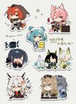  ... 2boys 6+girls :3 ^_^ absurdres ahoge anger_vein animal_ears animal_hood arknights ascot bear_boy bear_ears bear_girl black_boots black_gloves black_hair black_hat black_jacket black_shoes black_shorts black_vest blue_eyes blue_hair blue_pants blush boots brown_hair cat_ears cat_girl censored censored_gesture chibi chibi_only chinese_commentary chinese_text closed_eyes closure_(arknights) commentary_request crack crackborne_(arknights) cracked_glass crownslayer_(arknights) crushing cup dopperu_ben dotted_background dress drinking_glass drone fyodor_vladimirovich_(arknights) gallus2_(arknights) gloves green_streaks grey_eyes grey_hair hair_ornament hairclip hand_on_hilt hat highres holding holding_cup holding_knife holding_microphone hood hood_up hooded_jacket horns horse_boy horse_ears horse_tail jacket jitome kal'tsit_(arknights) kal'tsit_esperanta_(arknights) knife lambda_(arknights) looking_at_viewer mask mask_pull microphone middle_finger mon3tr_(arknights) mouth_mask multicolored_hair multiple_boys multiple_girls open_mouth outline pants pants_under_shorts pink_hair pointy_ears puff_of_air purple_eyes red_ascot red_eyes red_gloves red_hair red_streaks reverse_grip robot shirt shoes short_hair shorts simple_background sleeves_past_fingers sleeves_past_wrists smile spoken_ellipsis sticker_sheet_(medium) streaked_hair struggling sweatdrop tail talulah_(arknights) talulah_(chapter_17)_(arknights) teacup translation_request u_u v-shaped_eyebrows vest viy_(arknights) walking white_background white_dress white_outline white_shirt wine_glass 