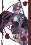  1boy ascalaphus_(fate) asymmetrical_hair biting biting_glove black_cloak black_cross_tie black_hair black_shorts brown_eyes cloak commentary cross_tie earrings fate/grand_order fate_(series) gloves hair_over_one_eye highres jewelry long_sleeves looking_at_viewer male_focus mero_(merope_hika) shirt shorts solo two-sided_cloak two-sided_fabric white_gloves white_hair white_shirt 