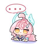 ... 1girl aemeath_(wuthering_waves) ahoge blue_halo blush_stickers chibi chibi_only commentary_request dress hair_ornament halo highres huge_ahoge long_hair looking_at_viewer pink_hair simple_background sitting solo speech_bubble spoken_ellipsis syurikenmaru triangle_mouth white_background white_dress wing_hair_ornament wuthering_waves yellow_eyes 
