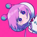  1girl antennae bare_shoulders blush braid closed_mouth commentary_request eyelashes helmet highres jumpsuit kaf_(kamitsubaki_studio) kamitsubaki_studio looking_at_viewer medium_hair namayatsuwashi pink_background pink_hair pink_pupils purple_eyes simple_background solo space_helmet spacesuit twin_braids twintails virtual_youtuber white_jumpsuit yellow_pupils 
